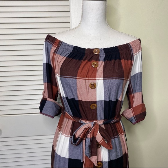 J for Justify Dress Off-Shoulder Plaid Mini Dress Women Belted Size Large - Picture 7 of 11